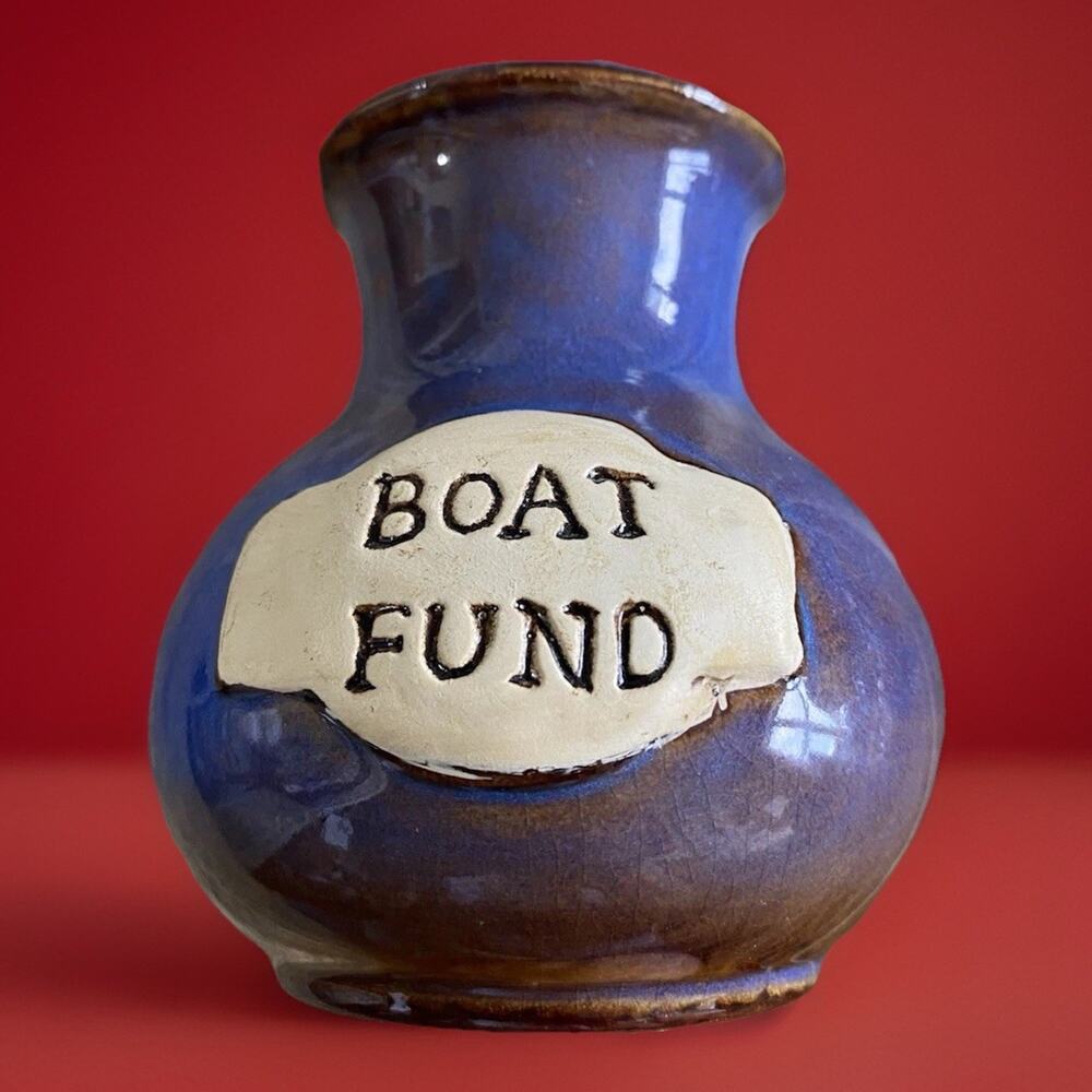 Boat Fund Stash Jar Pottery Ceramic Bank Vase Blue Glaze 4.25" Tall